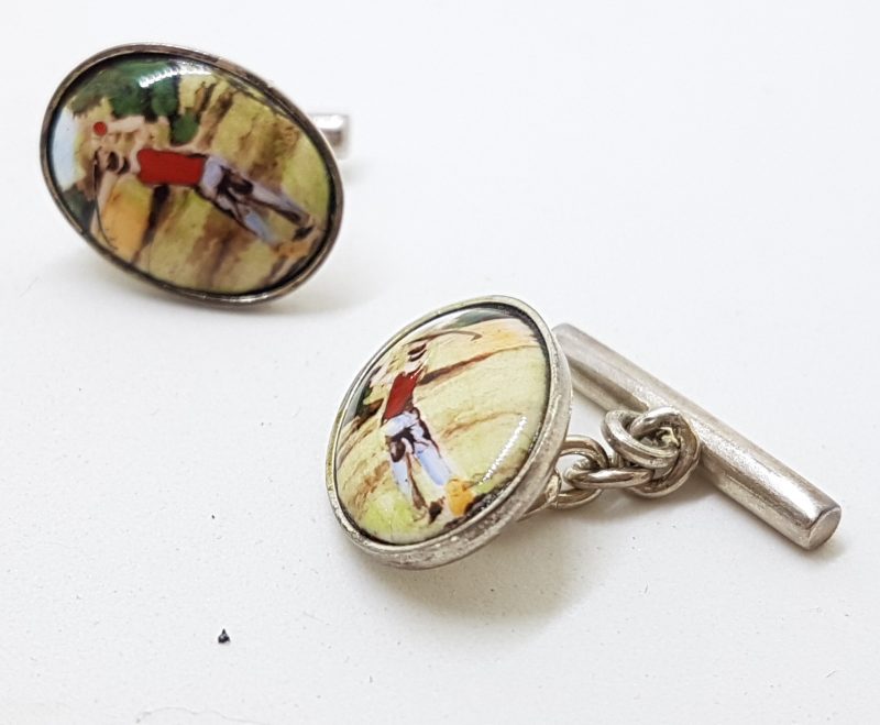 Sterling Silver Enamel Oval Golf Player Cufflinks