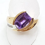 9ct Rose Gold Large Amethyst with Diamond Ring - Unusual Shape Ring