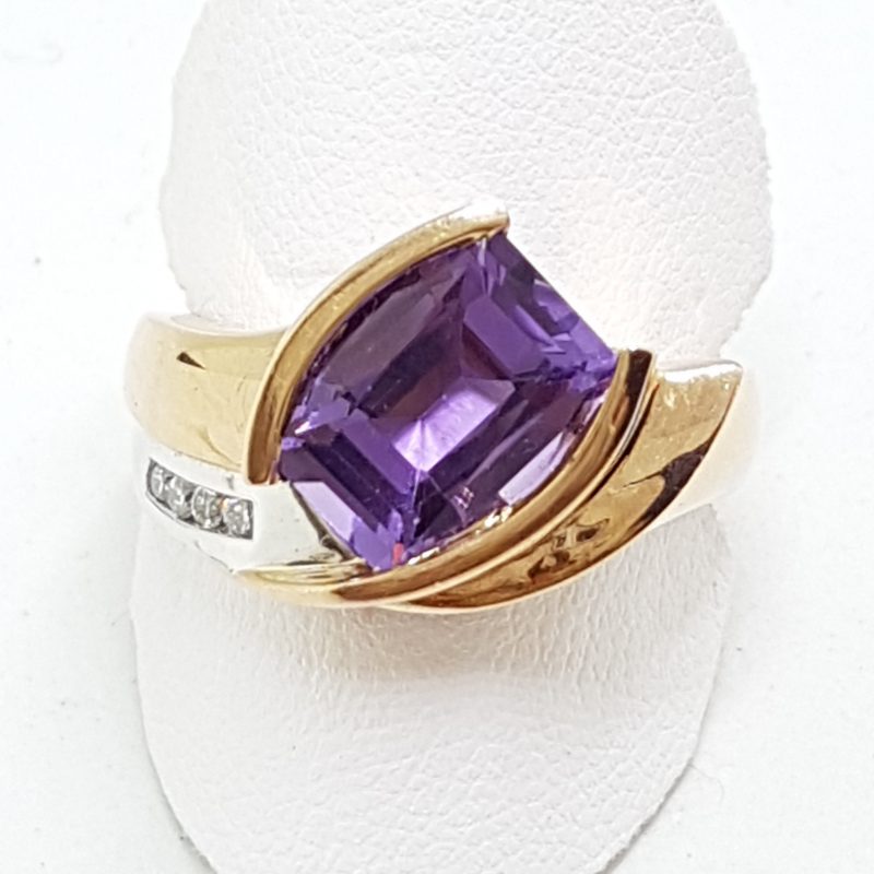 9ct Rose Gold Large Amethyst with Diamond Ring - Unusual Shape Ring