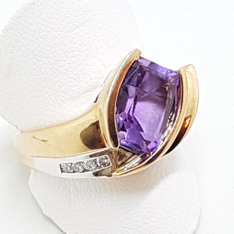 9ct Rose Gold Large Amethyst with Diamond Ring - Unusual Shape Ring