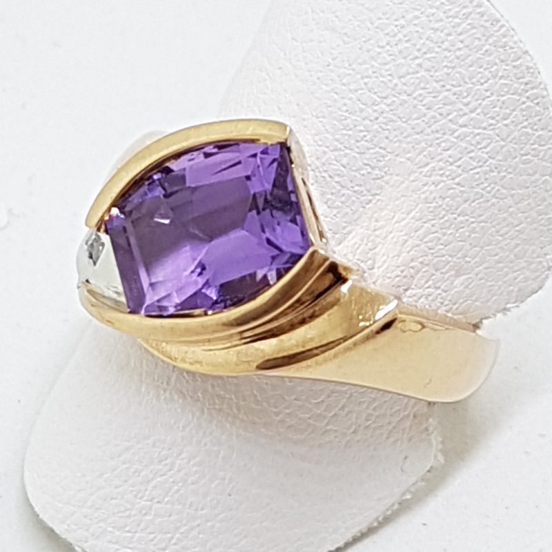 9ct Rose Gold Large Amethyst with Diamond Ring - Unusual Shape Ring