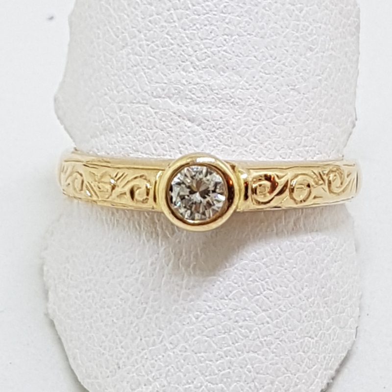 9ct Rose Gold Bezel Set Diamond Solitaire Ornate Motif Engagement Ring