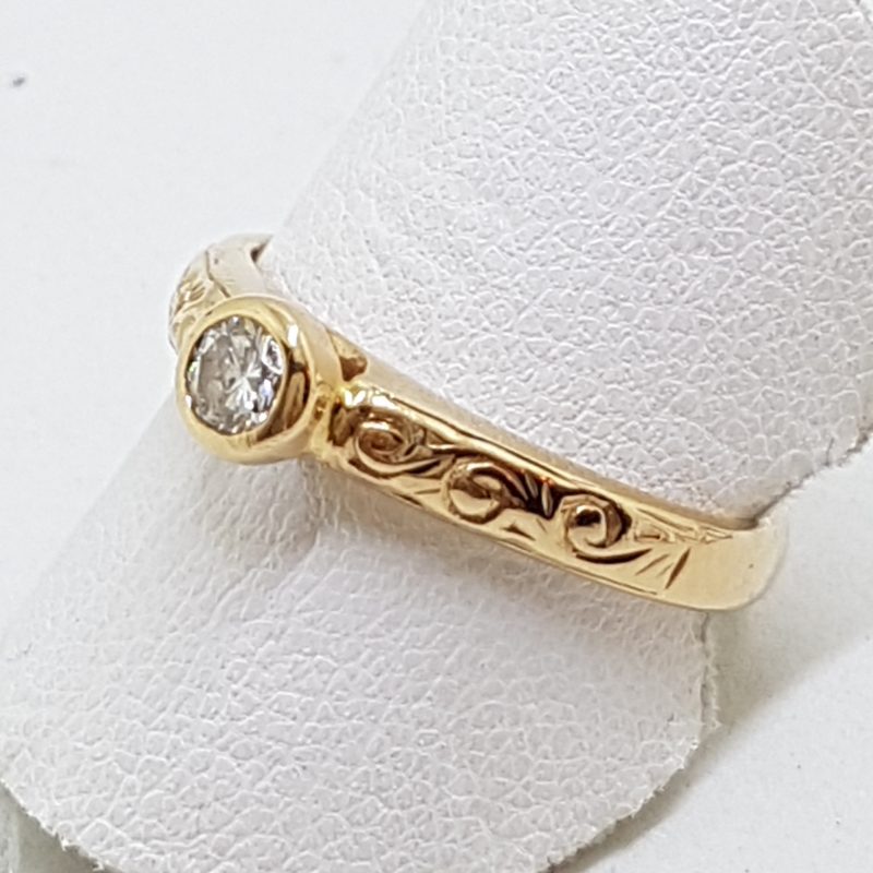9ct Rose Gold Bezel Set Diamond Solitaire Ornate Motif Engagement Ring