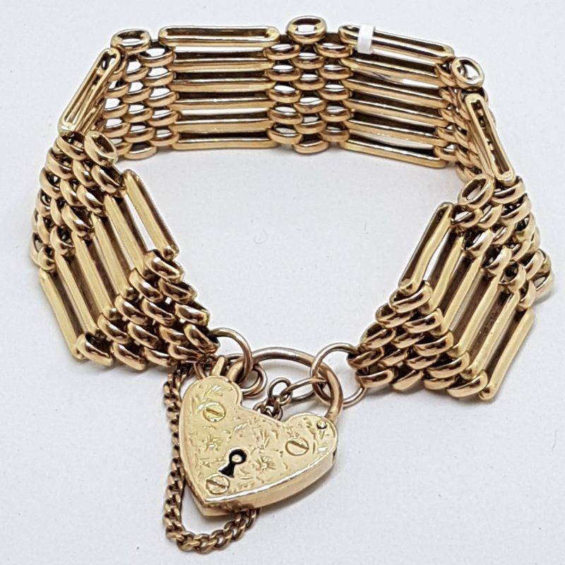 9ct Rose Gold Wide Gatelink Bracelet with Heart Padlock - Antique / Vintage