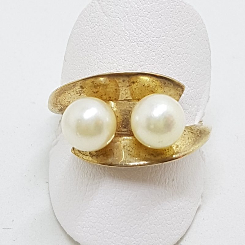 9ct Yellow Gold Two Pearl Unusual "Shell" Ring