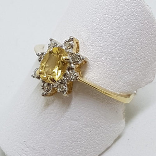 14ct Yellow Gold Oval Citrine and Diamond Cluster Ring