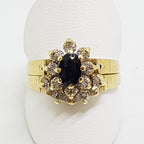 9ct Yellow Gold Sapphire and Diamond Oval Cluster Engagement and Wedding Ring Set