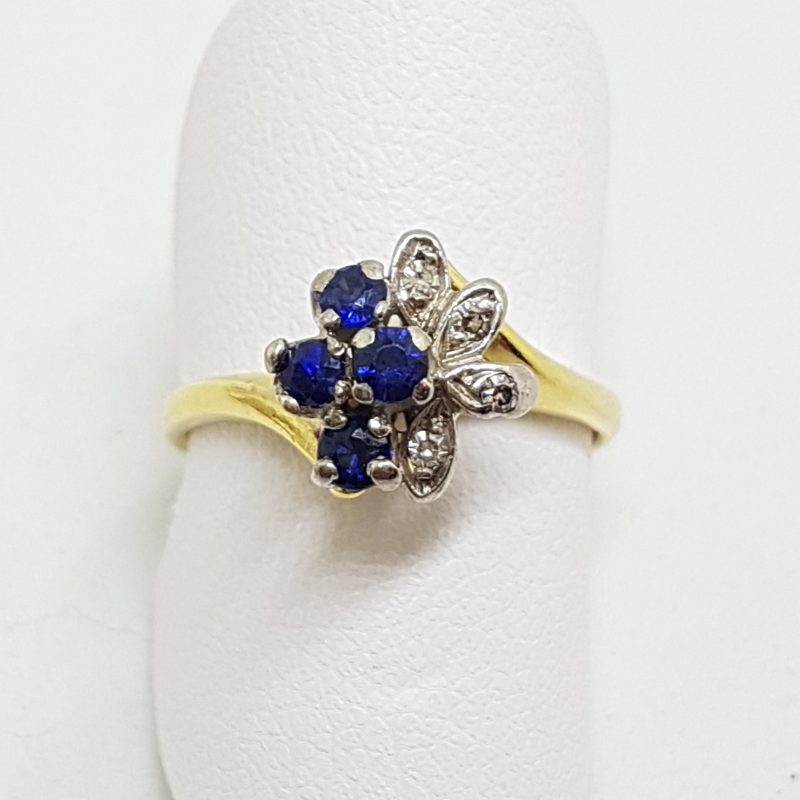 18ct Yellow Gold Natural Sapphire & Diamond Ornate Cluster Ring