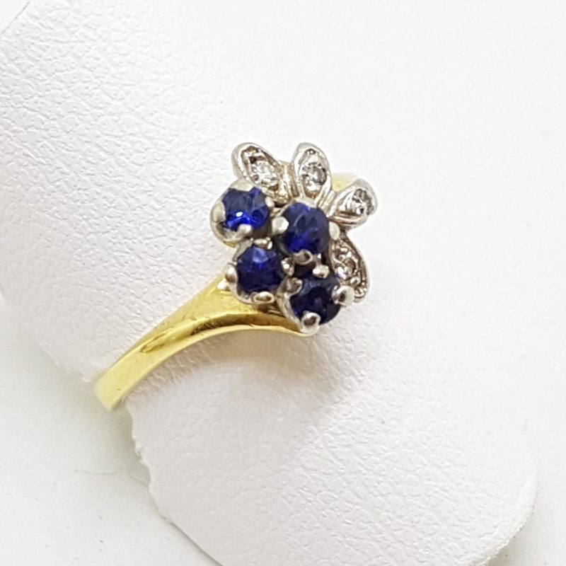 18ct Yellow Gold Natural Sapphire & Diamond Ornate Cluster Ring