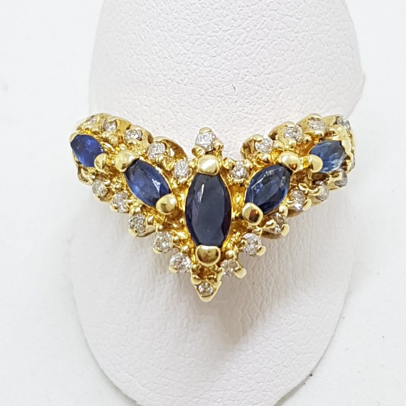 14ct Yellow Gold Natural Sapphire & Diamond Large Ornate Curved/Wishbone Ring - Antique / Vintage