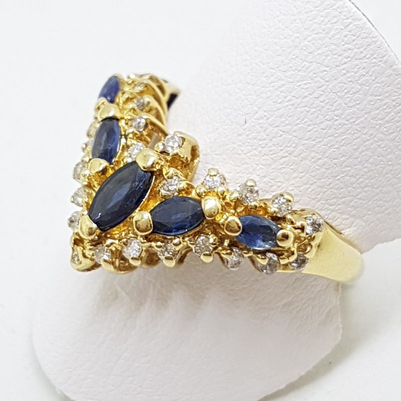 14ct Yellow Gold Natural Sapphire & Diamond Large Ornate Curved/Wishbone Ring - Antique / Vintage