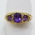 9ct Yellow Gold Amethyst & Diamond Large Ornate Filigree Bridge Set Ring - Antique / Vintage