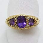 9ct Yellow Gold Amethyst & Diamond Large Ornate Filigree Bridge Set Ring - Antique / Vintage