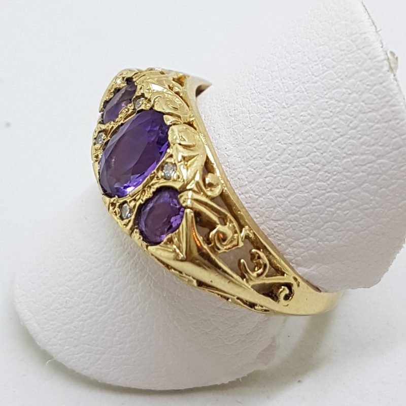 9ct Yellow Gold Amethyst & Diamond Large Ornate Filigree Bridge Set Ring - Antique / Vintage