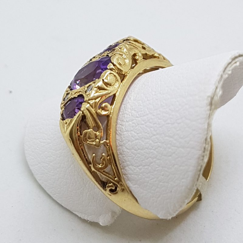 9ct Yellow Gold Amethyst & Diamond Large Ornate Filigree Bridge Set Ring - Antique / Vintage