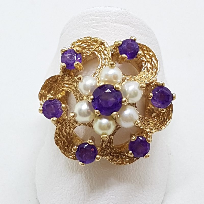 9ct Yellow Gold Amethyst Seed Pearl Large Cluster Ring - Antique / Vintage