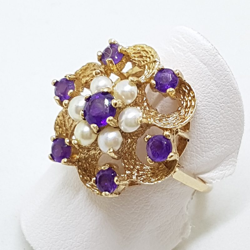 9ct Yellow Gold Amethyst Seed Pearl Large Cluster Ring - Antique / Vintage
