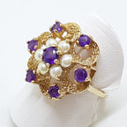 9ct Yellow Gold Amethyst Seed Pearl Large Cluster Ring - Antique / Vintage