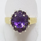 9ct Yellow Gold Amethyst Oval Cluster Ring - Antique / Vintage
