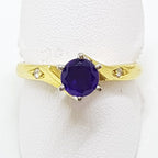 18ct Yellow Gold Amethyst Solitaire & Diamond Ring  - Antique / Vintage