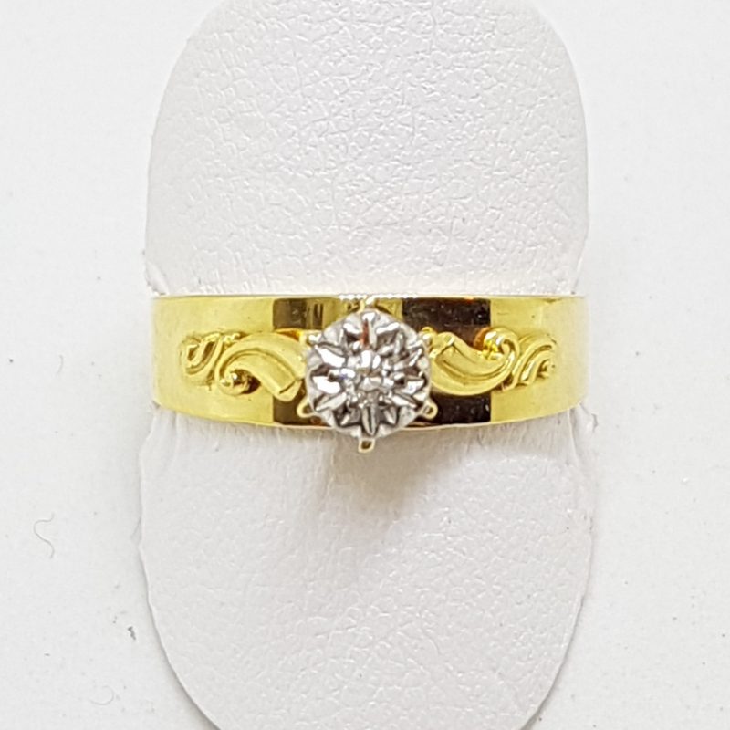18ct Yellow Gold and Platinum Ornate Design High Set Diamond Engagement Ring