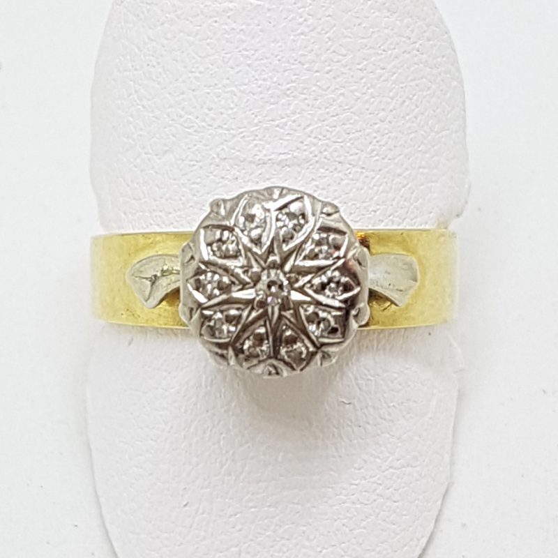 18ct Yellow Gold & Platinum Diamond High Round Cluster Ring
