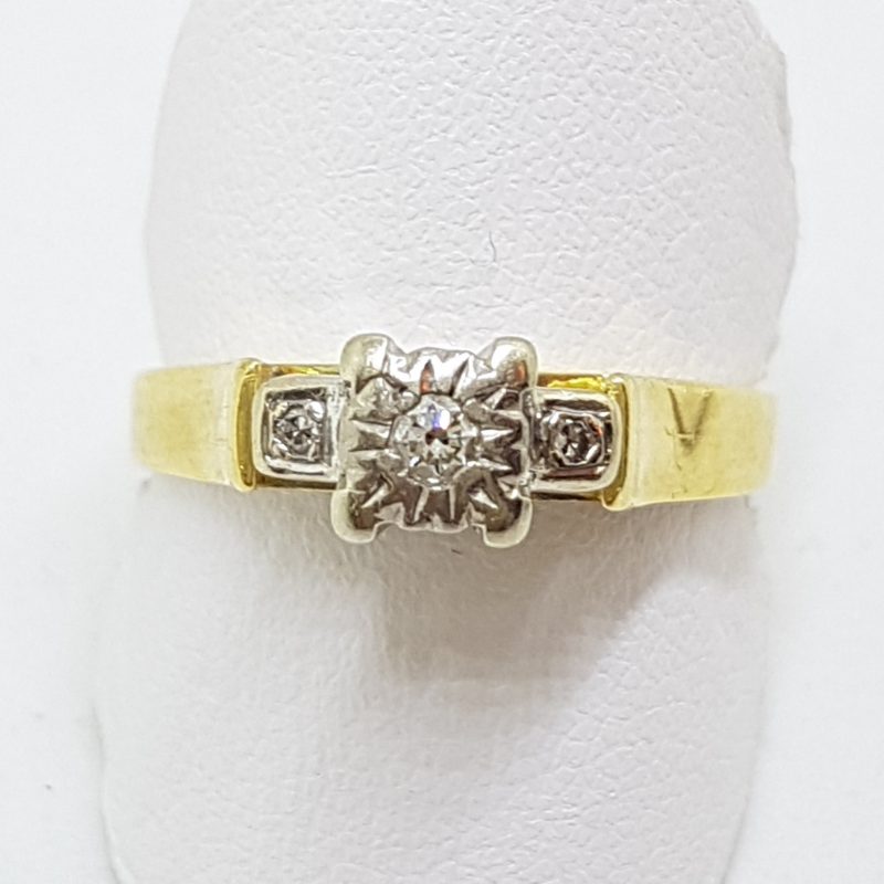 18ct Yellow Gold & Platinum Solitaire Diamond High Set Square Ring