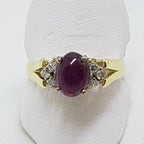 18ct Yellow Gold Oval Cabochon Cut Garnet with Diamond Ring - Antique / Vintage
