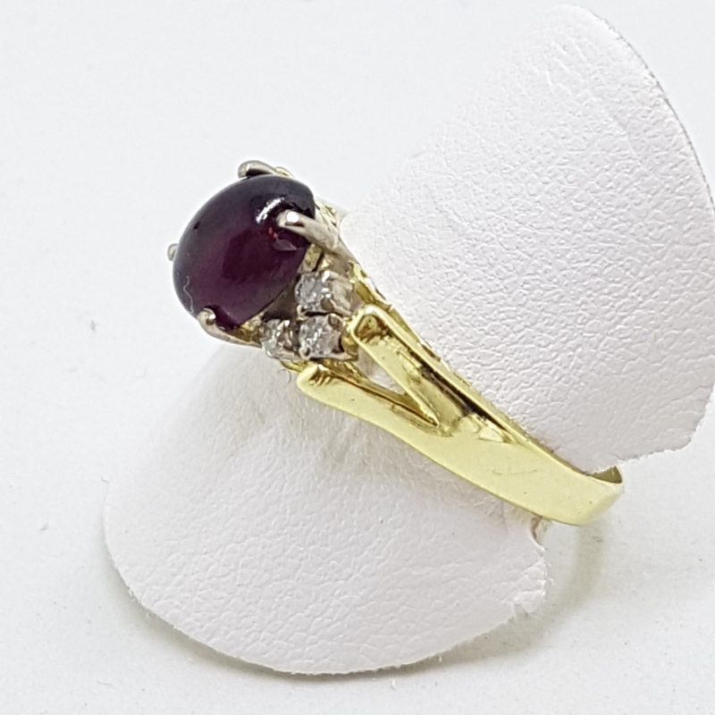 18ct Yellow Gold Oval Cabochon Cut Garnet with Diamond Ring - Antique / Vintage