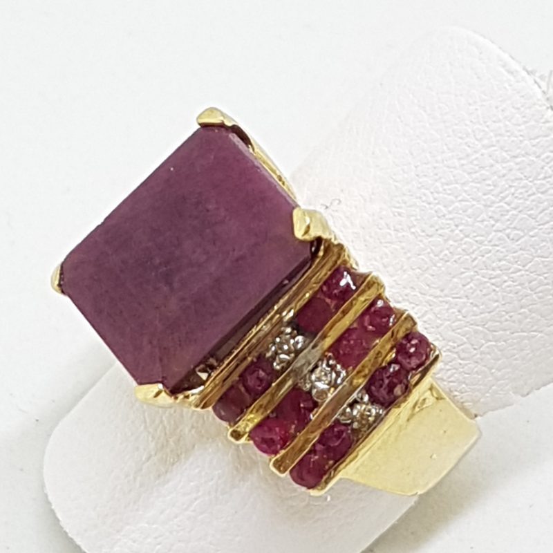 10ct Yellow Gold Large Rectangular Ruby &amp; Diamond Cluster Ring
