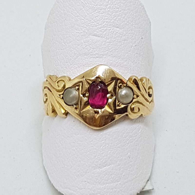 15ct Yellow Gold Natural Ruby &amp; Seed Pearl Ring - Antique / Vintage