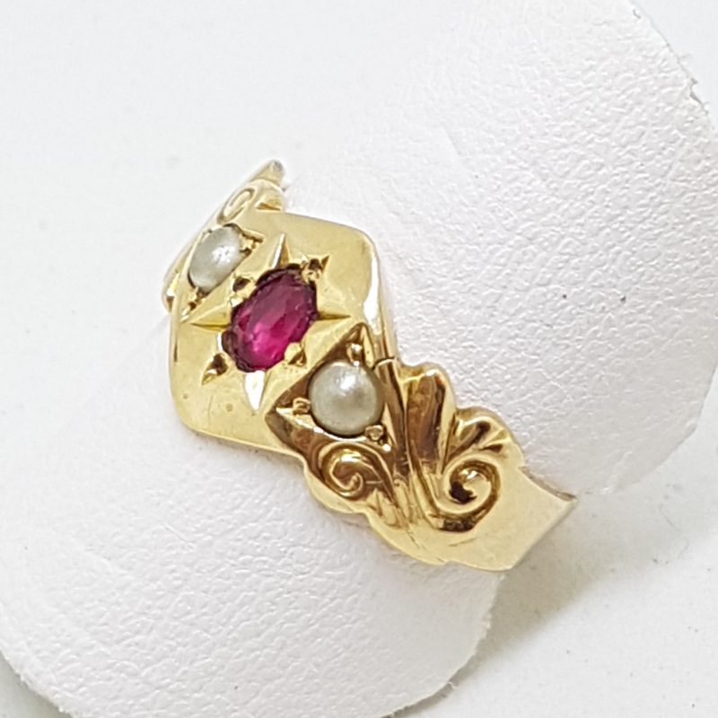 15ct Yellow Gold Natural Ruby &amp; Seed Pearl Ring - Antique / Vintage