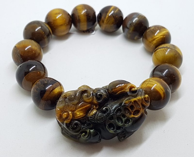 Large Carved and Round Tiger Eye Elastic Bead Bracelet