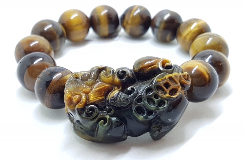 Large Carved and Round Tiger Eye Elastic Bead Bracelet
