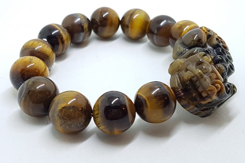 Large Carved and Round Tiger Eye Elastic Bead Bracelet
