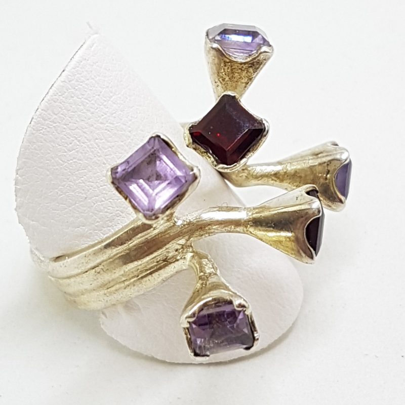 Sterling Silver Large Unusual Spikey Amethyst and Garnet Cluster Ring