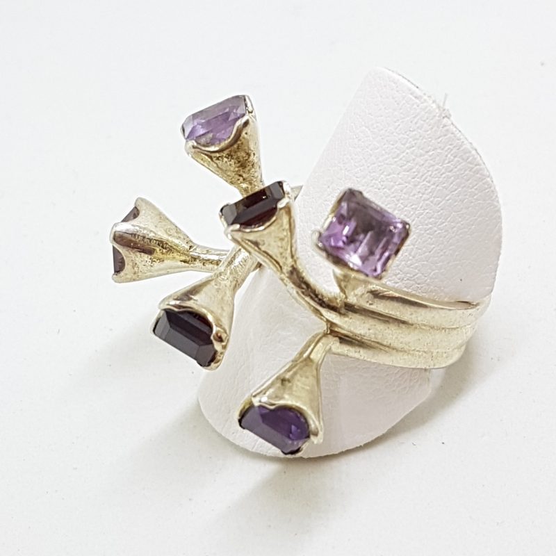 Sterling Silver Large Unusual Spikey Amethyst and Garnet Cluster Ring