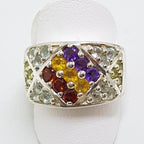 Sterling Silver Multi-Coloured Gemstones Wide Band Ring