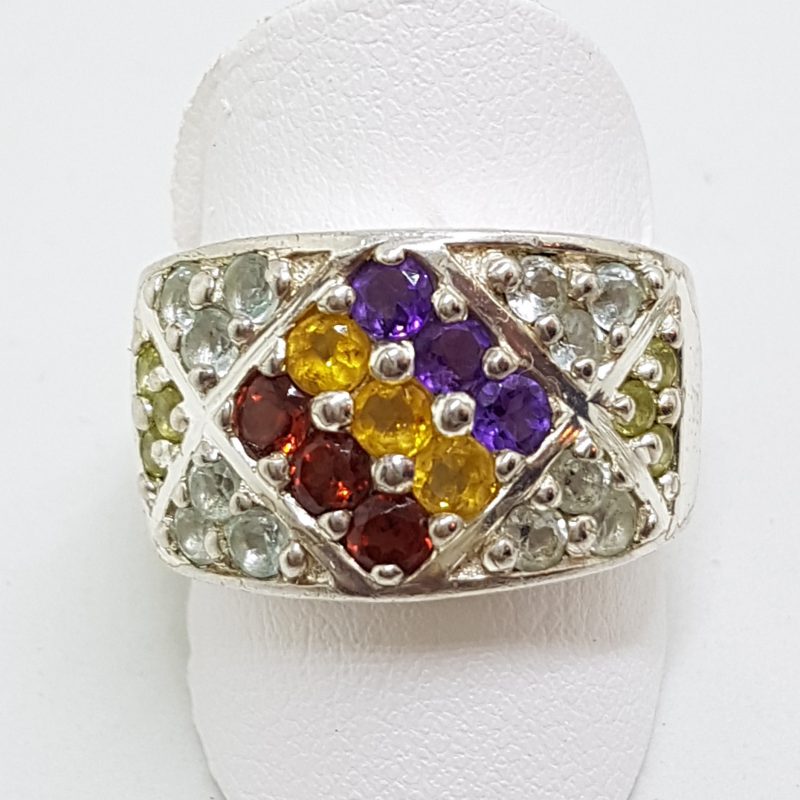 Sterling Silver Multi-Coloured Gemstones Wide Band Ring