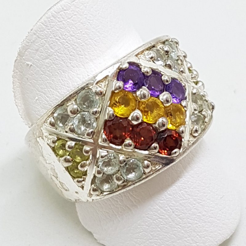 Sterling Silver Multi-Coloured Gemstones Wide Band Ring
