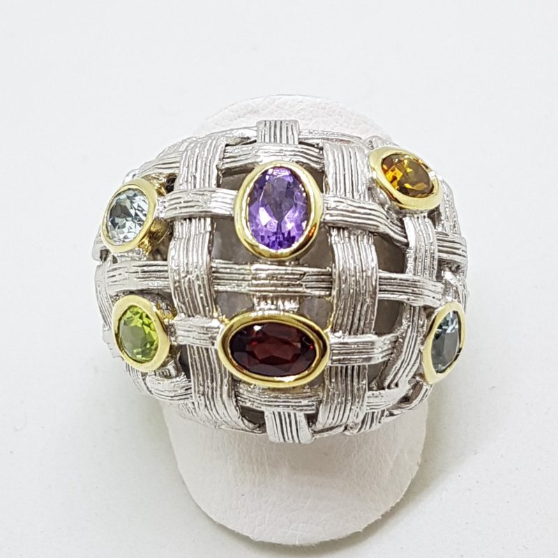 Sterling Silver Large Plait Design Multi-Coloured Gemstones Cluster Ring - Russian Designer