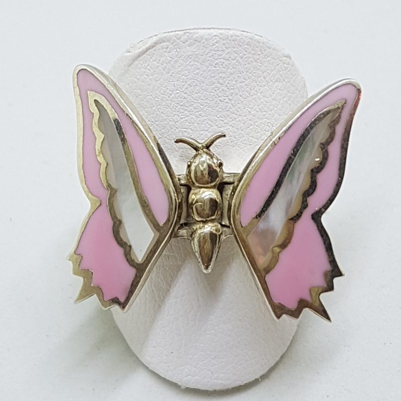 Sterling Silver Mother of Pearl & Pink Large Jointed Butterfly Ring
