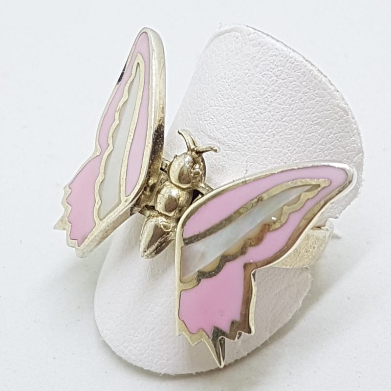 Sterling Silver Mother of Pearl & Pink Large Jointed Butterfly Ring