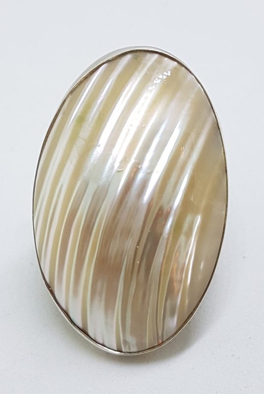 Sterling Silver Mother of Pearl Very Large Oval Patterned Ring