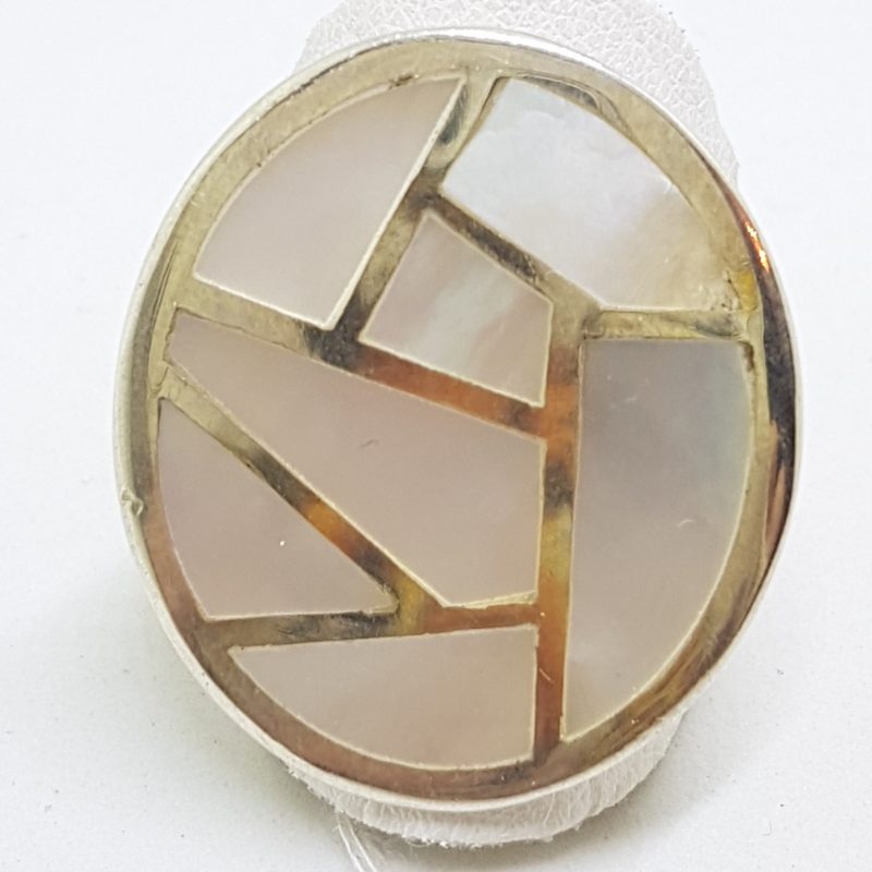 Sterling Silver White Mother of Pearl Large Oval Patterned Ring