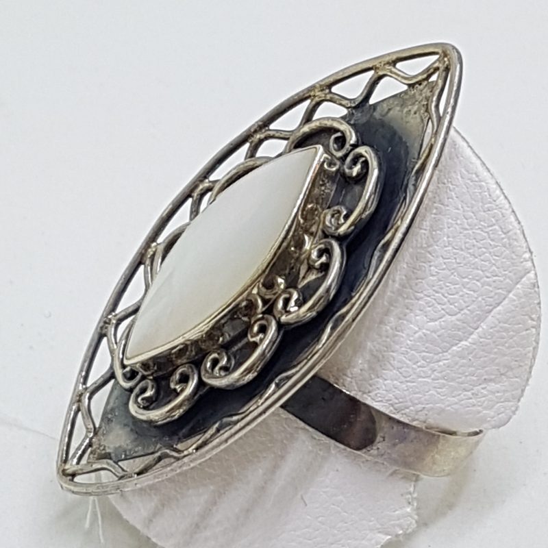 Sterling Silver Ornate Large Marquis Shape White Mother of Pearl Ring