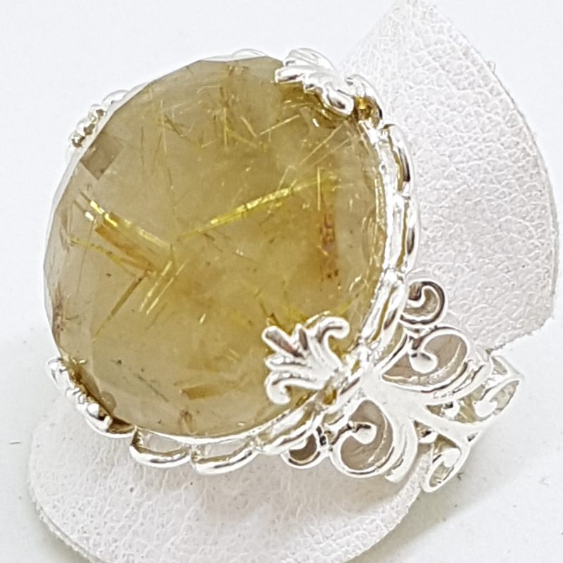 Sterling Silver Rutilated Quartz Large Round Ornate Ring