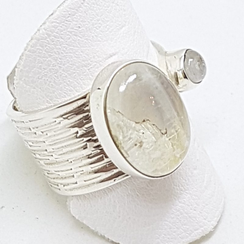 Sterling Silver Wide Open Band Oval and Round Moonstone Ring