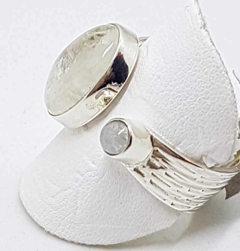Sterling Silver Wide Open Band Oval and Round Moonstone Ring