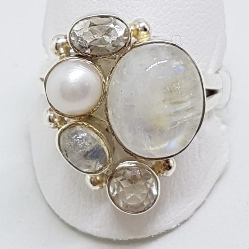 Sterling Silver Large Cabochon Cut Moonstone, Pearl and Clear Crystal Quartz Cluster Ring